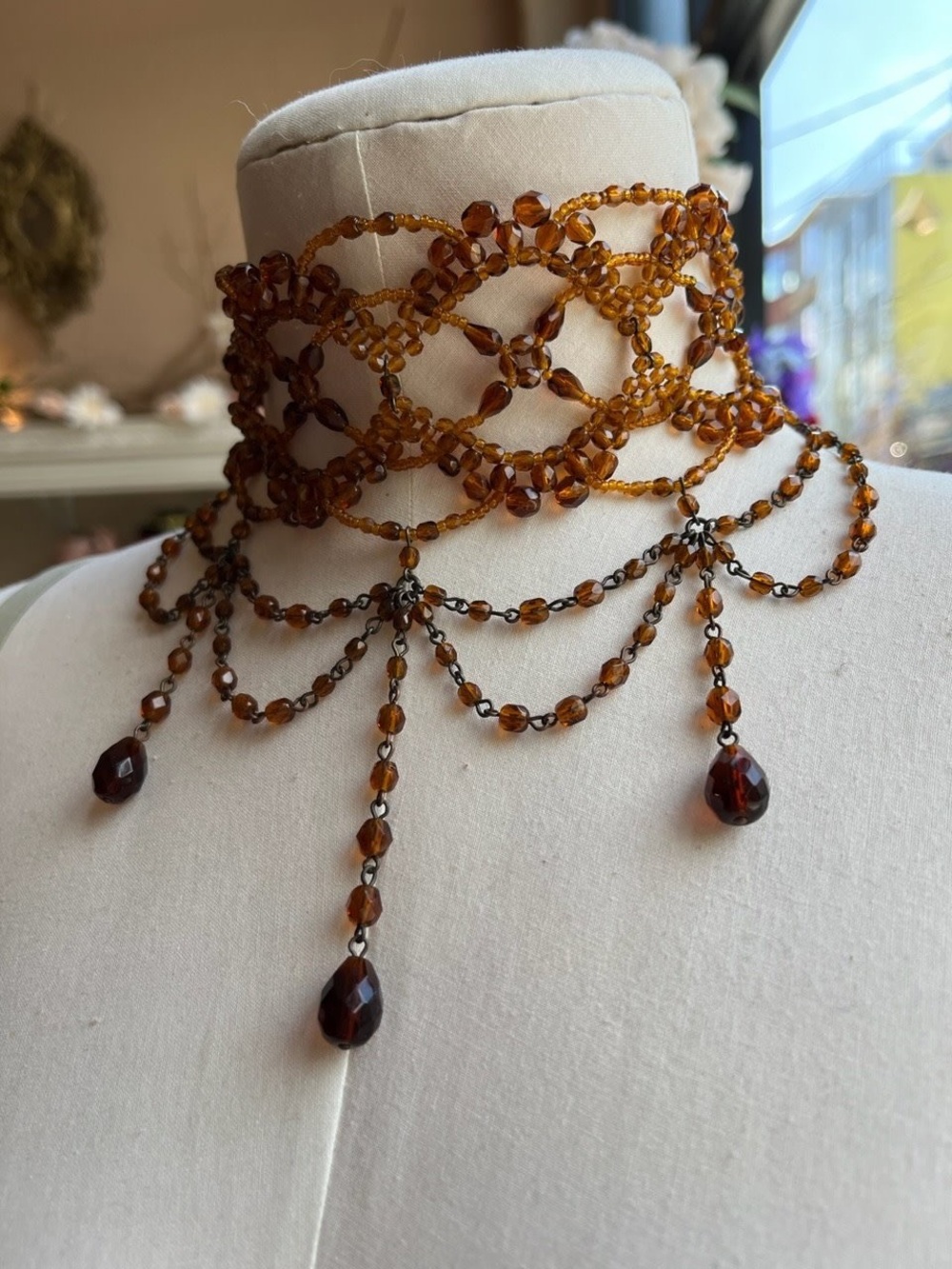 Vintage Victorian Style Gothic Amber Glass Beaded Festoon Collar Choker Necklace - Picture 1 of 15